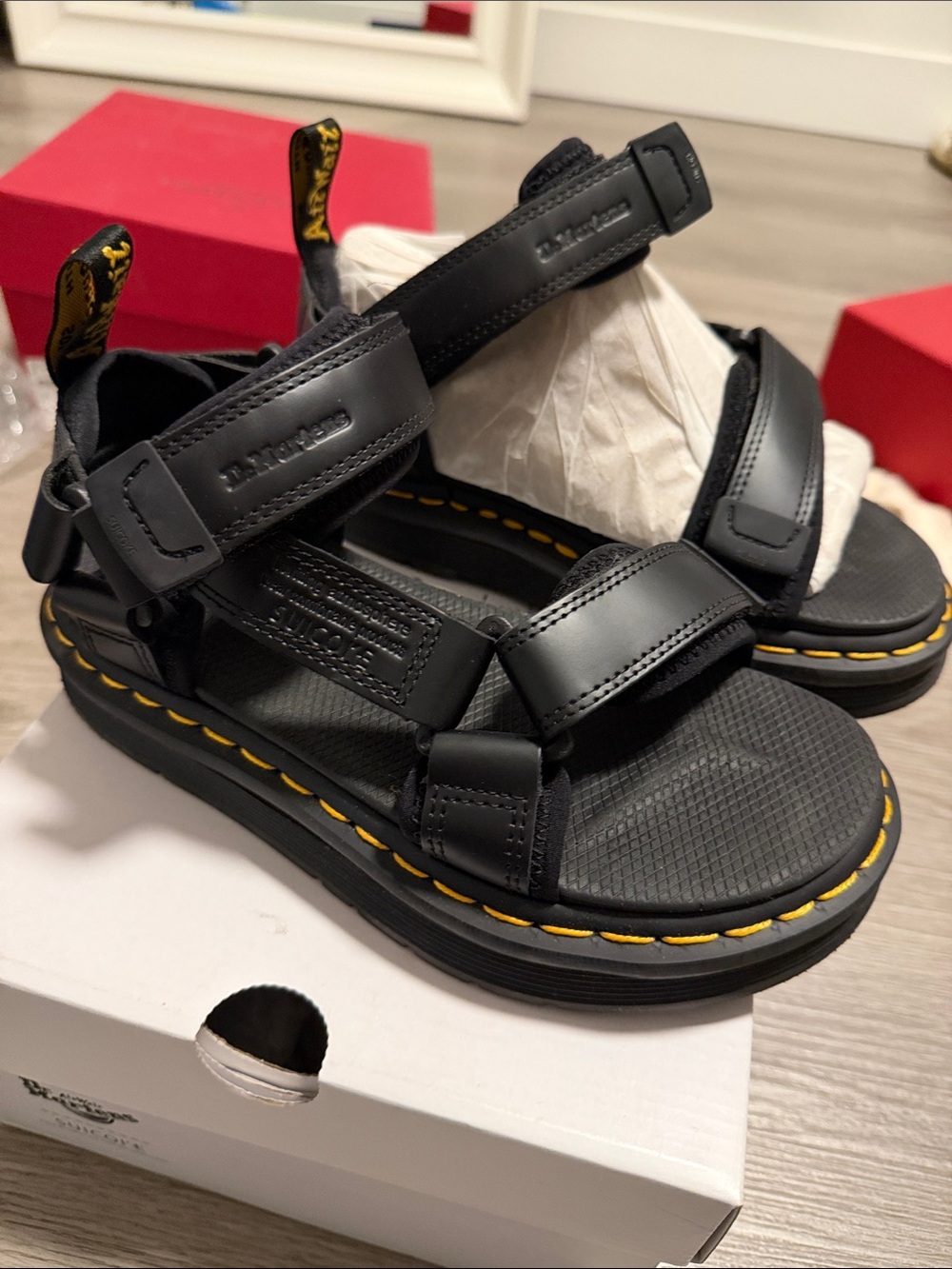 Dr. Martens Black Leather Sport Sandals with Yellow Accents